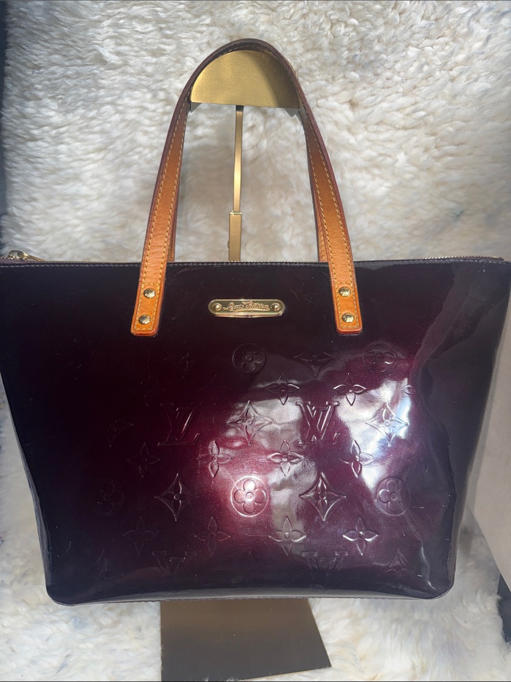 Louis Vuitton Plum Bellevue GM Patent Vernis Tote with Tan Handles